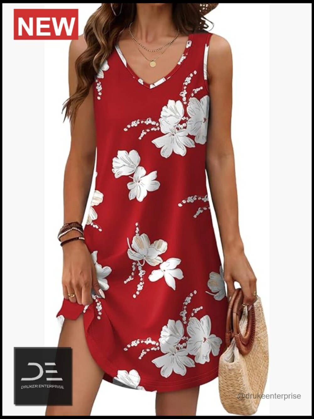 Loose V Neck Sleeveless Swing Dress Mid Length Summer Sundress